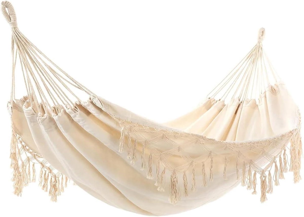 Hammock with Tassels - Portable Double Cotton Hammock 200 x 150 cm - Machine Washable - for Beach, Patio, Sand - with Bag