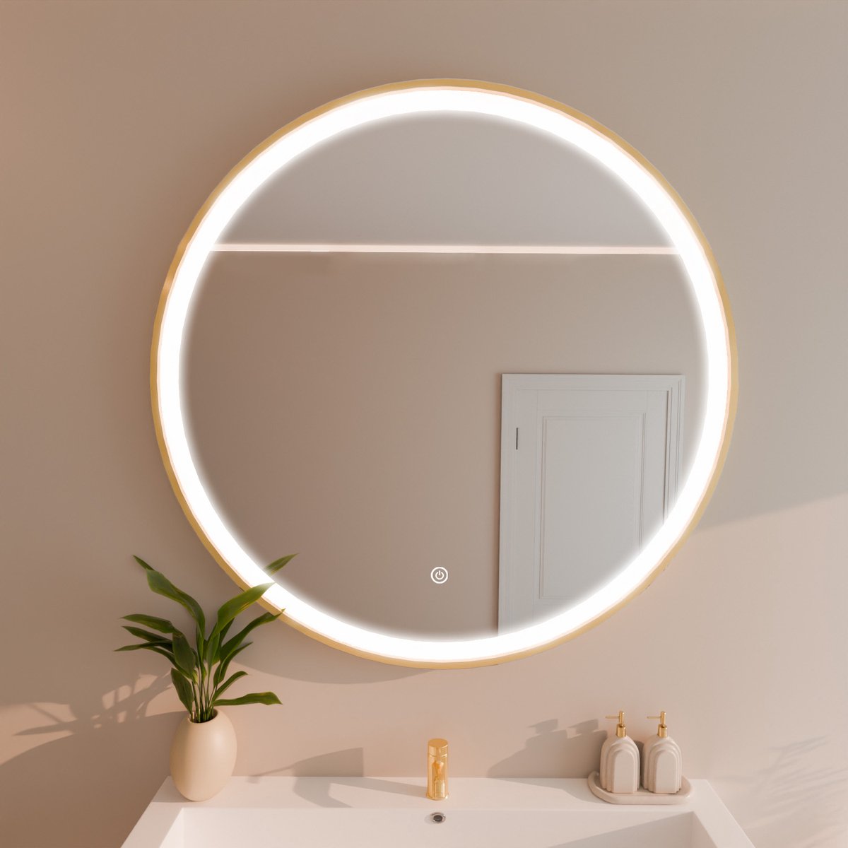 LOMAZOO Badkamerspiegel Goud met LED verlichting - Badkamer Spiegel - Spiegel Badkamer - Spiegel Douche - Verwarming Anti Condens - 100 cm rond [SOHO]