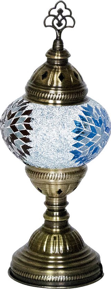 Oosterse lamp - mozaiek tafellamp lichtblauw 30cm - E14 fitting - handgemaakt met koper details