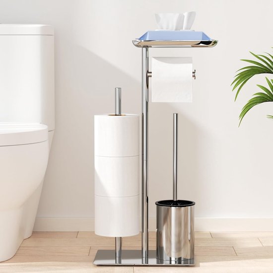 Staande toiletpapierhouder met wc-borstel, roestvrijstalen set met wc-rolhouder en -borstel, zonder boren, toiletset met glazen plank (zilver