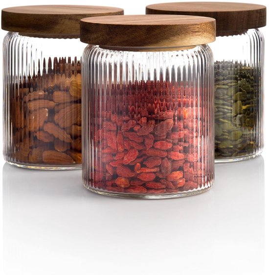 Set de 3 bocaux en Verres nervuré – Récipients de conservation empilables et hermétiques pour biscuits, Thee et sucre