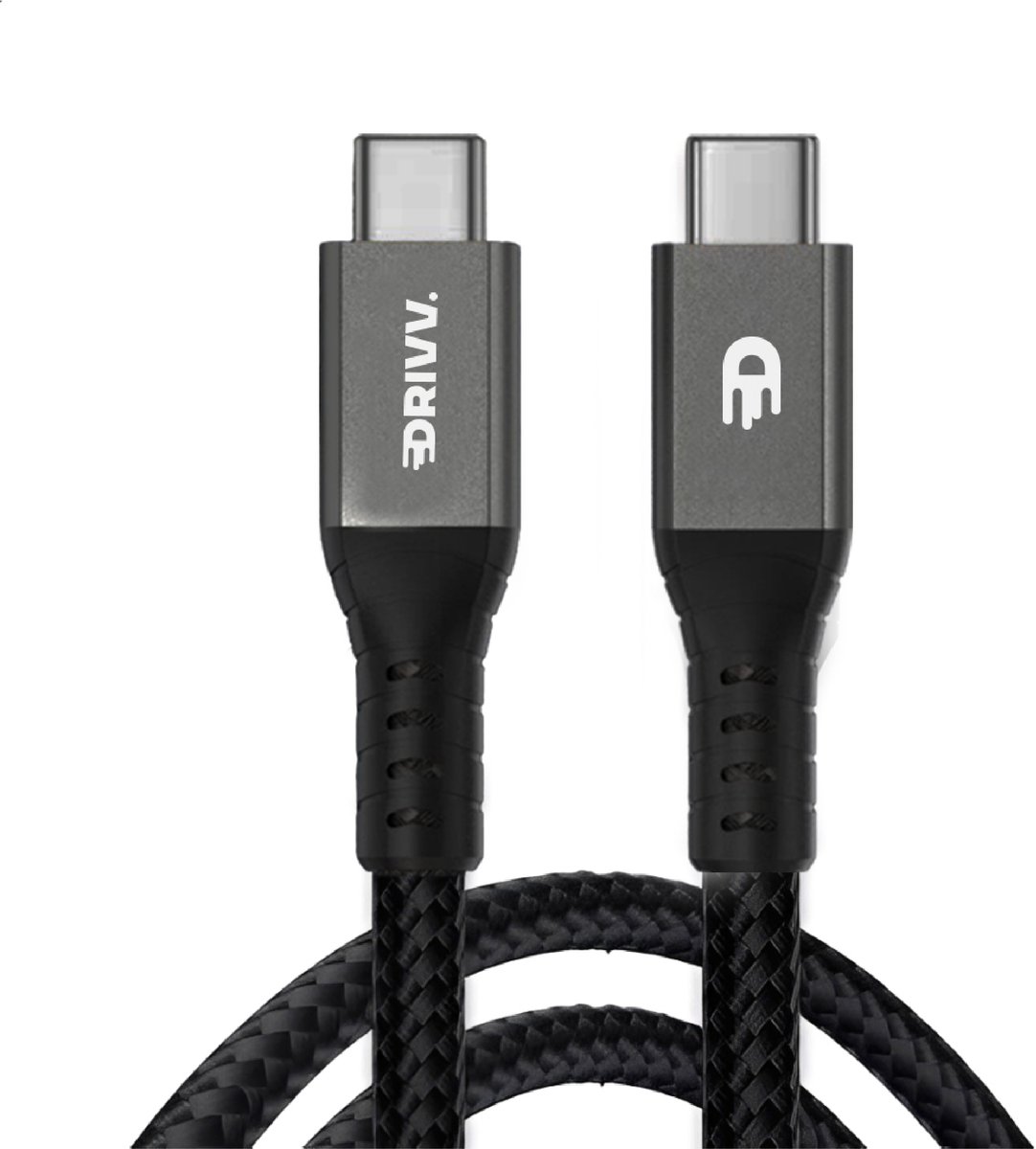 Drivv. USB C naar USB C Kabel 4.0 - Gen 3 - 240W Snellader - 8K 60Hz - 40Gbps - 2 Meter - Nylon - Zwart