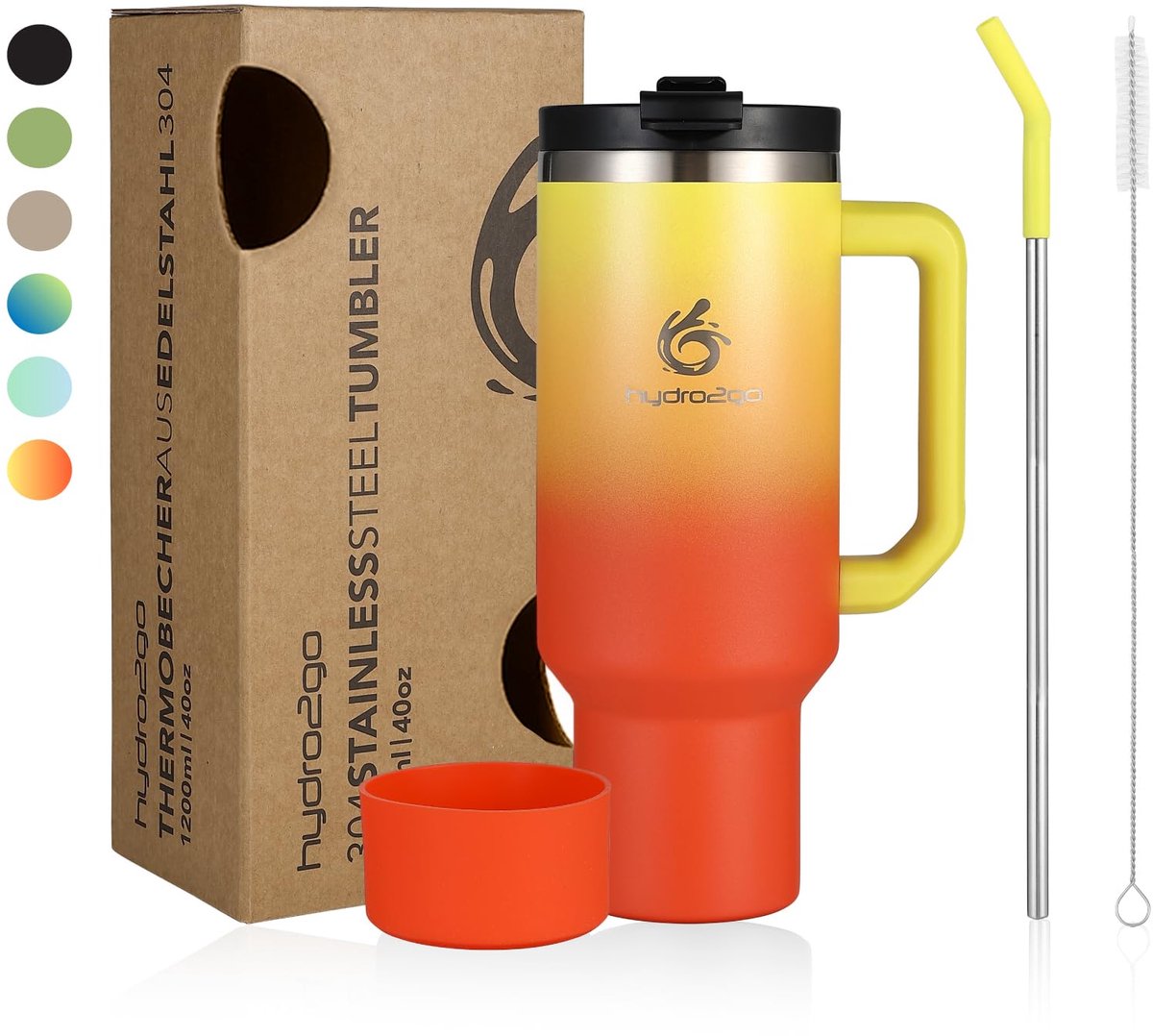 Hydro2go RVS Thermosbeker 1200 ml – 10u warm / 12u koud – met handvat & rietje – 100% lekvrij – Zon