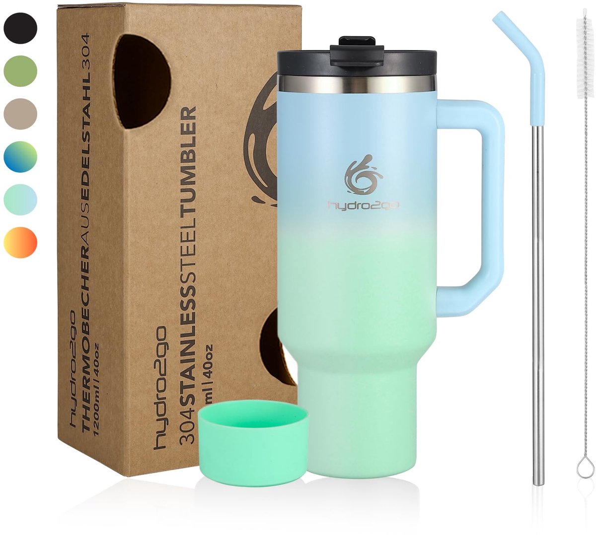 Hydro2go RVS Thermosbeker 1200 ml – 10u warm / 12u koud – met handvat & rietje – 100% lekvrij – Lagoon