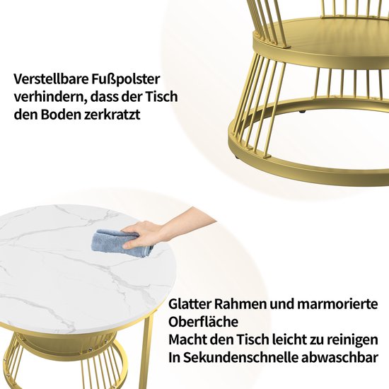 Table basse ronde (2 pièces), 70x45,5 cm, 45x40 cm, table avec plateau blanc et support de pied doré, ensemble de 2 tables basses rondes intégrées dans le côté du canapé (plateau blanc + pied doré)