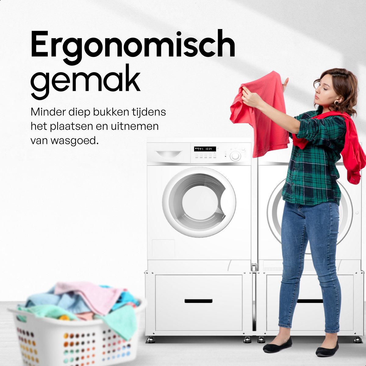 Bodo® - Wasmachine Verhoger - Dubbel - Kast - Ombouw met Lade - Wit - 124x58x44-48cm – foto 8