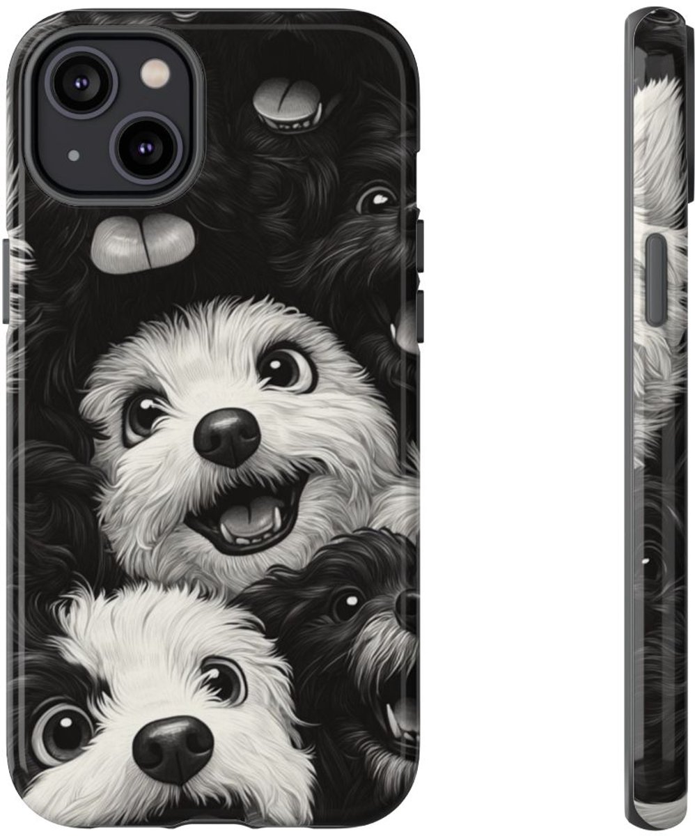 Zwart-Wit Vrolijke Hondenkoppen Patroon – Telefoonhoesje Geschikt voor iPhone 14 Plus