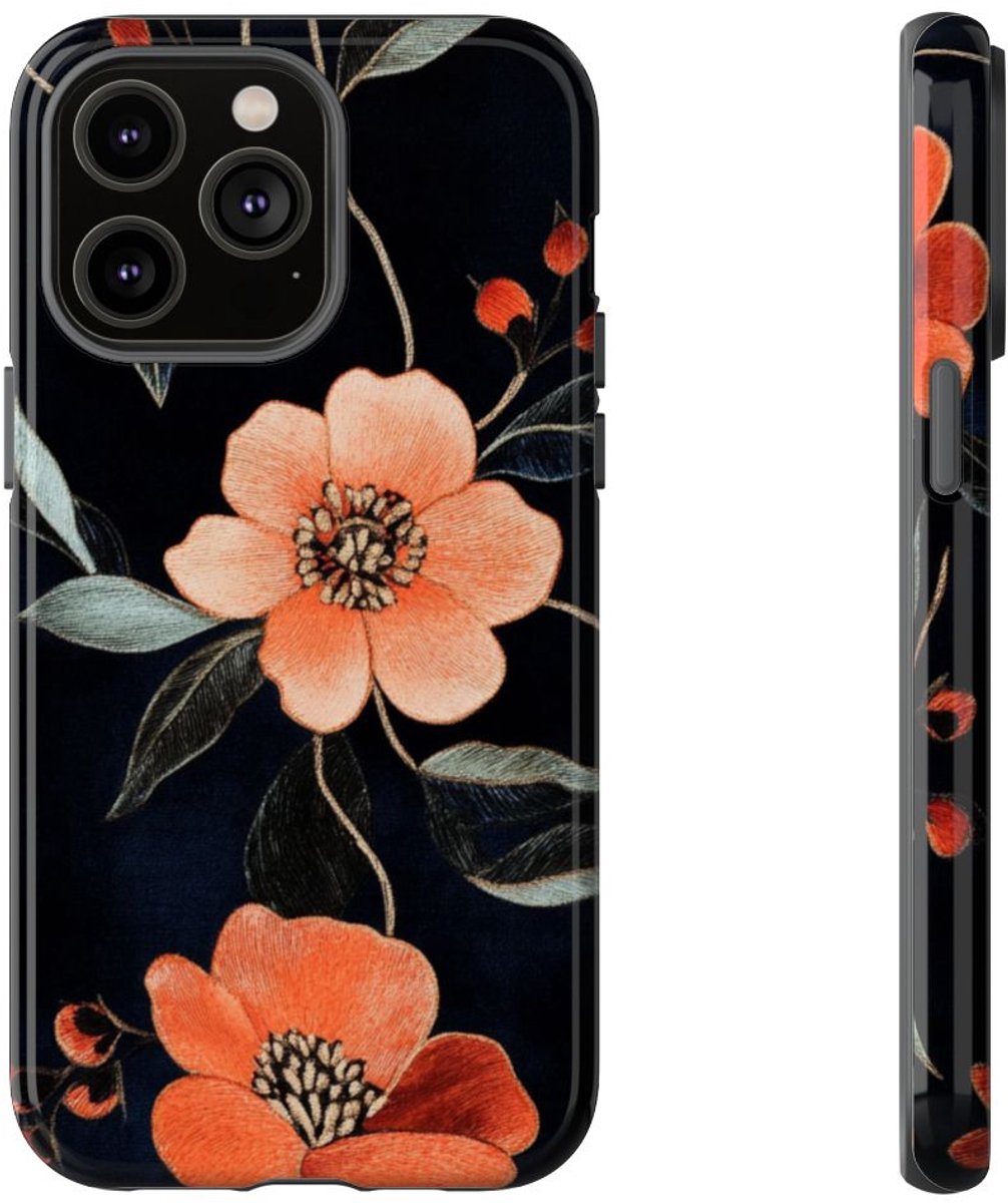 Oranje Geborduurd Bloemenpatroon – Telefoonhoesje Geschikt voor iPhone 14 Pro Max