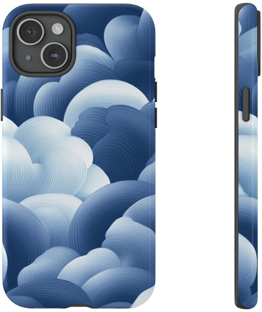 Blauw-Wit Wolkenpatroon – Glanzend Stevig Telefoonhoesje Geschikt voor iPhone 15 Plus