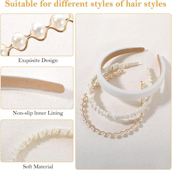 AOZUO 3-Piece Headband for Women and Girls, Padded Non-Slip Headband with White Pearl, Fashion Hair Band, Vintage Headband for Women and Girls, Hair Accessories van AOZUO — afbeelding 5