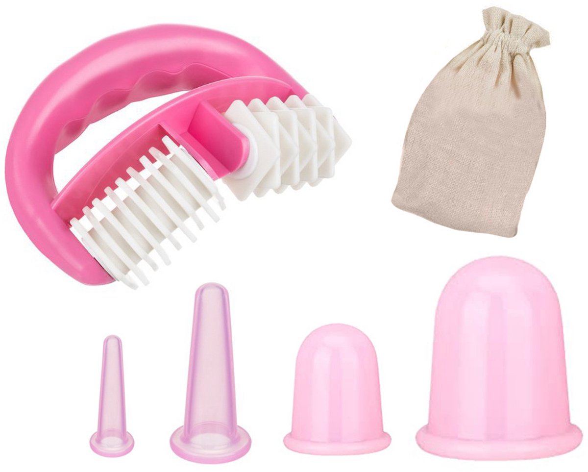 Chinese Silicone Cupping Set massage – 4 Massagecups + Anti-Cellulite Massager – Inclusief Opbergtasje – Voor Gezicht & Lichaam – cupping cups – Groen/Roze/Blauw – 42121
