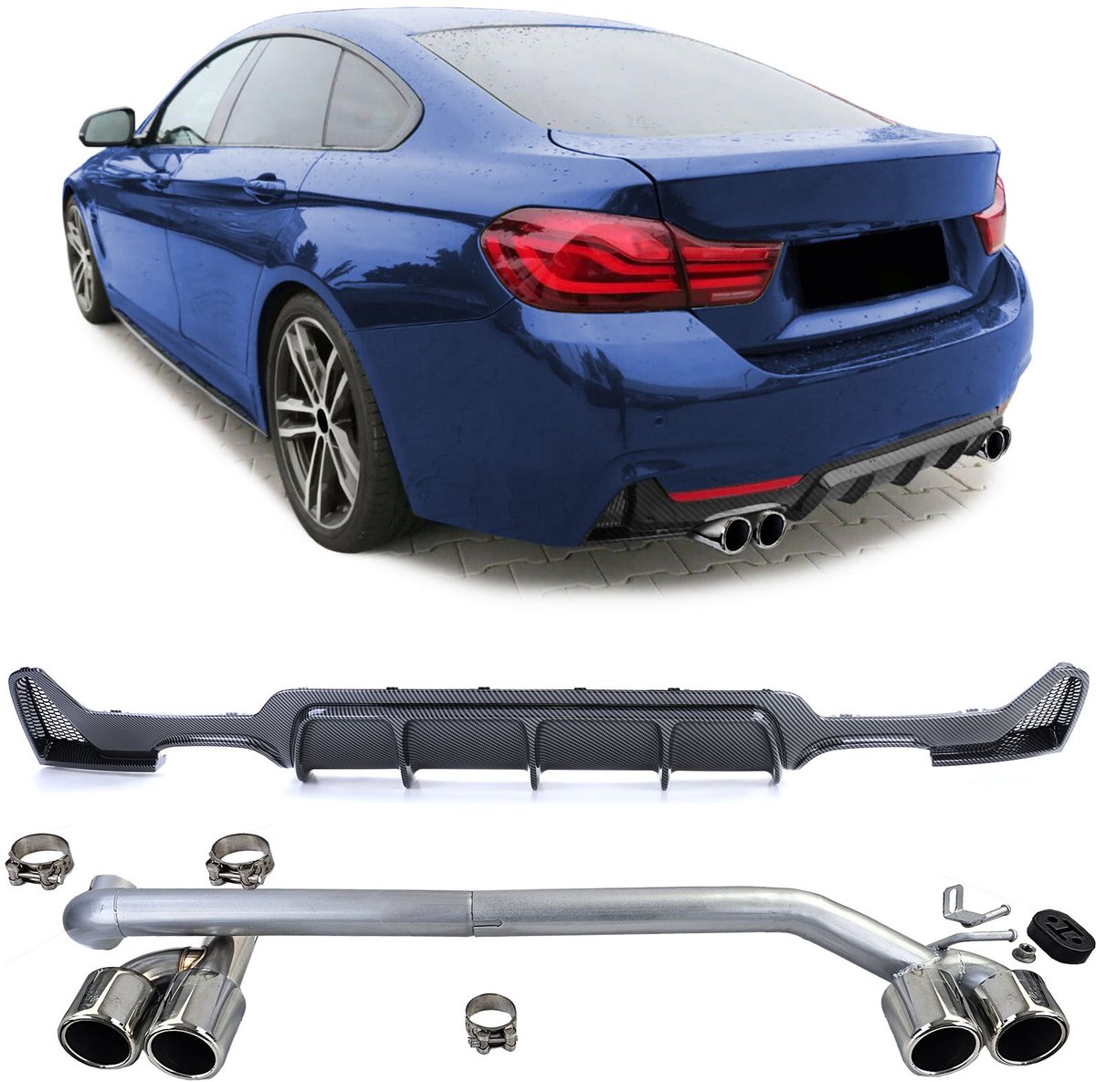 Sport Achterbumper Diffuser Carbon look + Sport Uitlaat Set Chrome Geschikt voor BMW 4 Serie F32 F33 F36 (425d, 428i, 430i)
