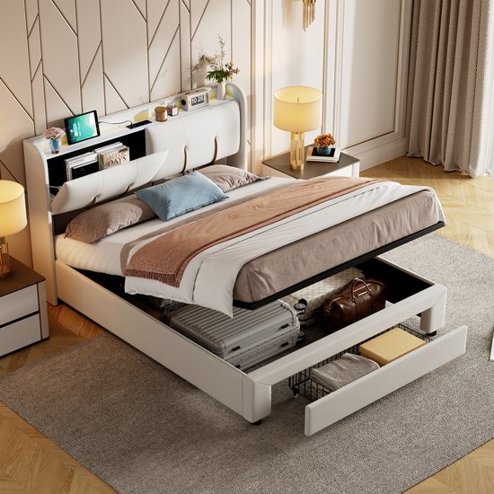 Lit Double 160x200 Avec Sommier Velours, Tiroirs, LED Et Ports USB - Tête De Lit Rangement, Gris