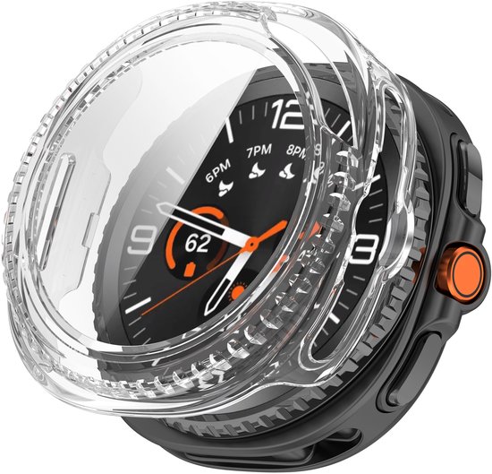 Transparante beschermhoes met oranje knop voor Samsung Galaxy Watch 8 Classic 46mm.