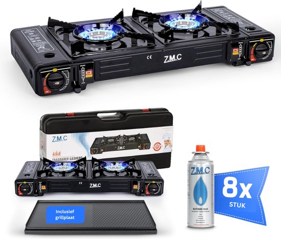 ZMC Campinggasfornuis 2-pits 2,5 kW incl. adapter voor LPG-aansluiting + opbergkoffer Campingfornuis set met gaspatronen en grillplaat naar keuze, met piëzo-ontsteking, voor buiten en binnen