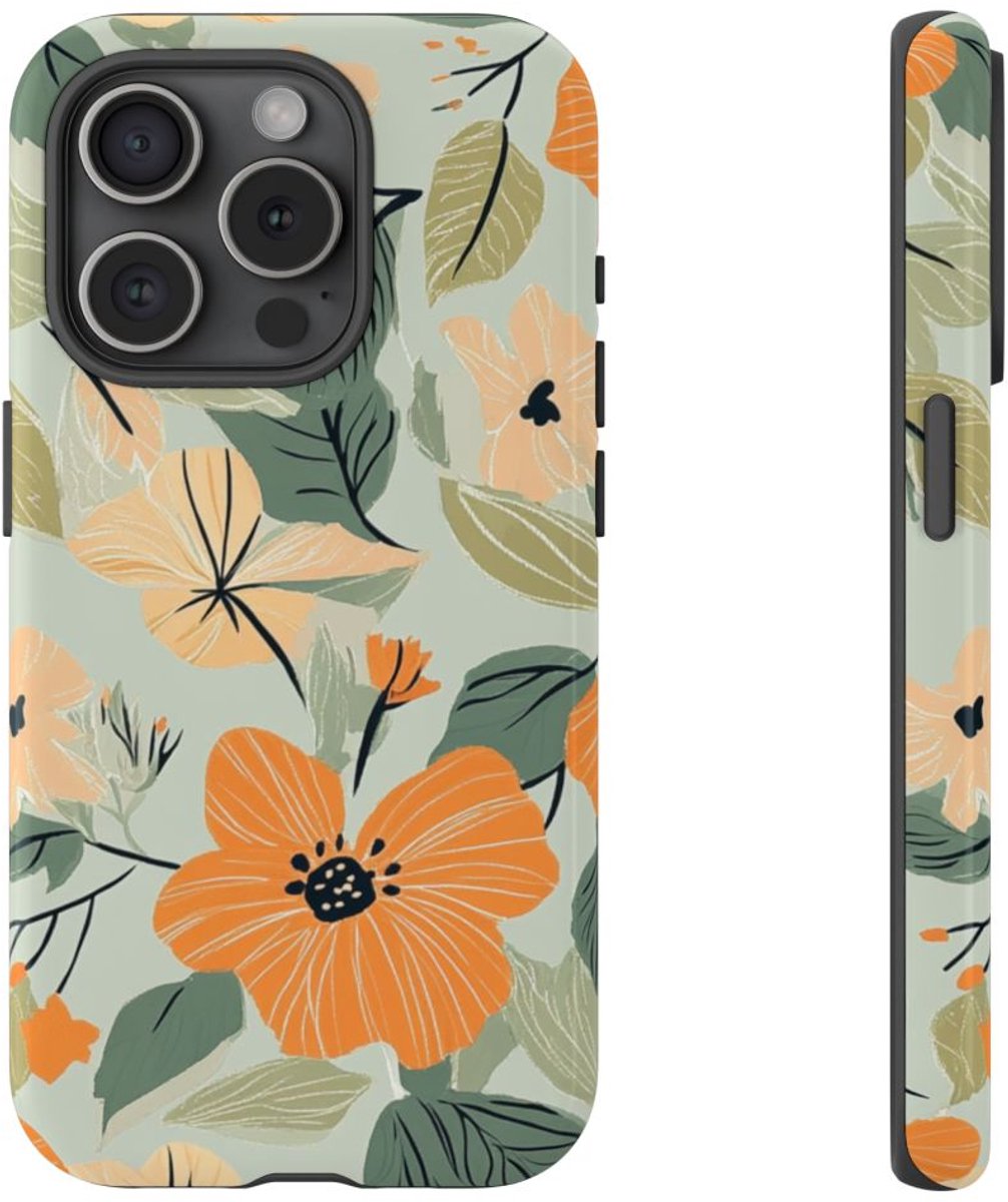 Oranje en Perzik Bloemenpatroon – Telefoonhoesje Geschikt voor iPhone 15 Pro