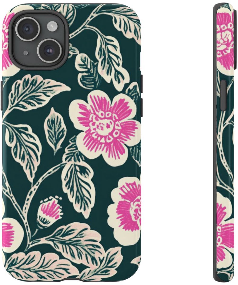 Roze Geblokt Bloemenpatroon – Telefoonhoesje Geschikt voor iPhone 15 Plus