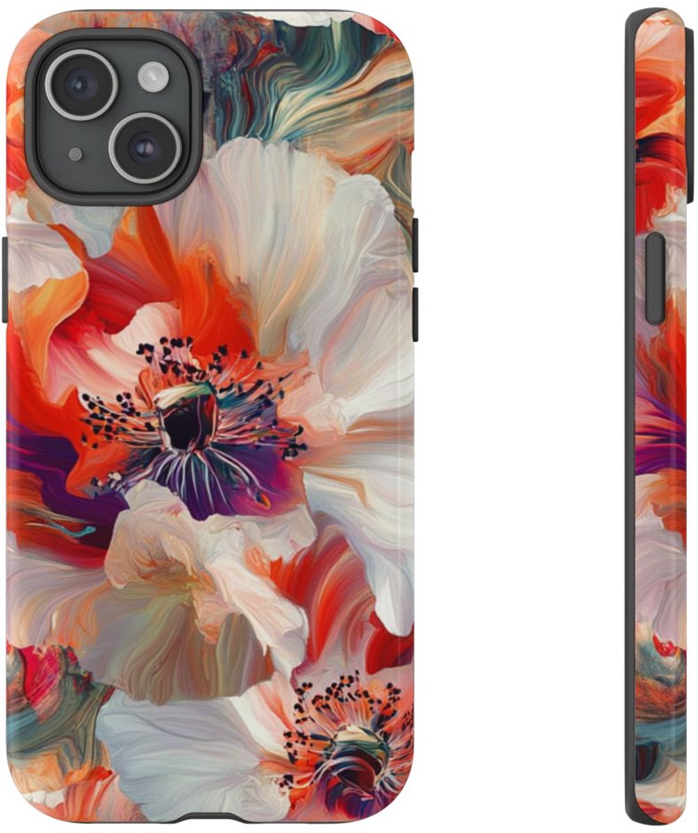 Abstracte Bloemmotieven in Rood en Wit – Telefoonhoesje Geschikt voor iPhone 15 Plus