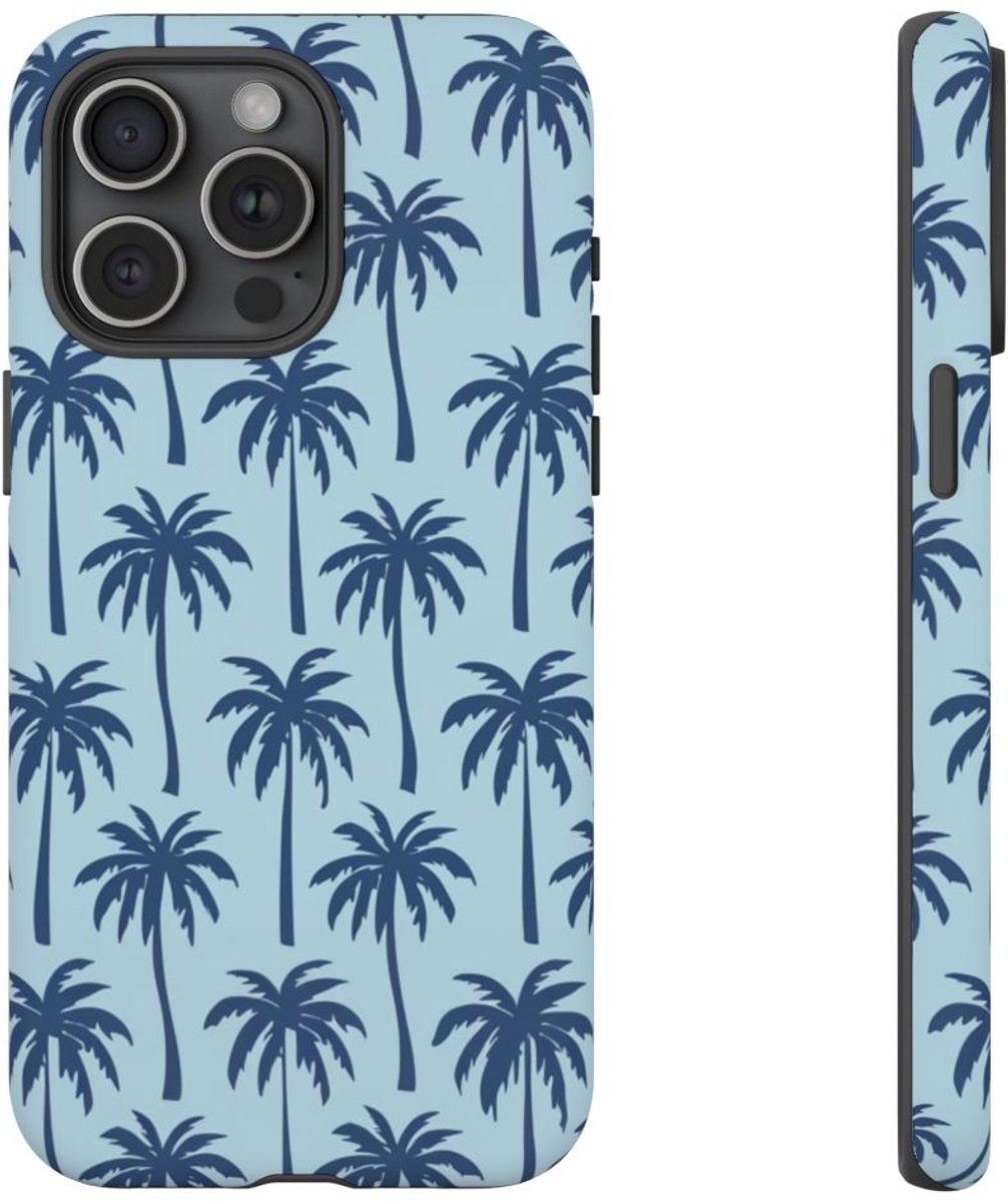 Blauw Palmbomenpatroon – Telefoonhoesje Geschikt voor iPhone 15 Pro Max