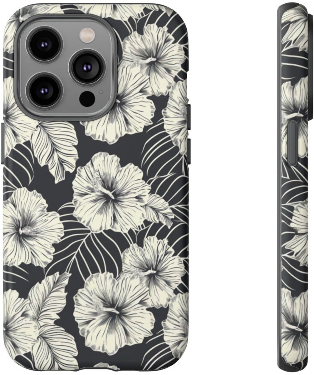 Monochroom Bloemenpatroon – Telefoonhoesje Geschikt voor iPhone 14 Pro