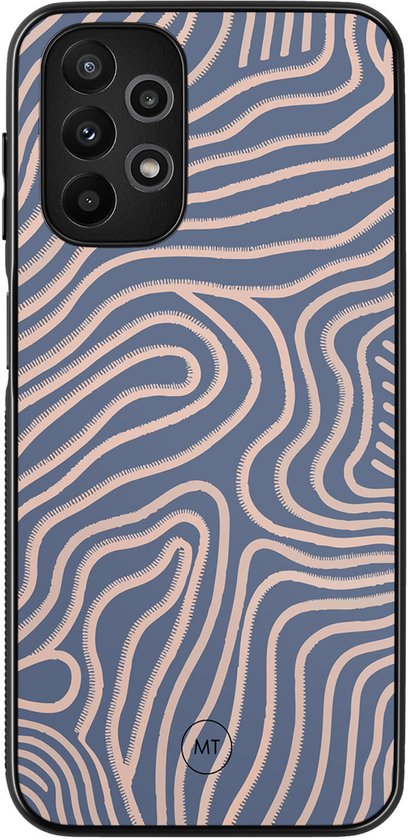 Coque de téléphone avec un motif violet de lignes roses fluides. La coque a un bord noir.