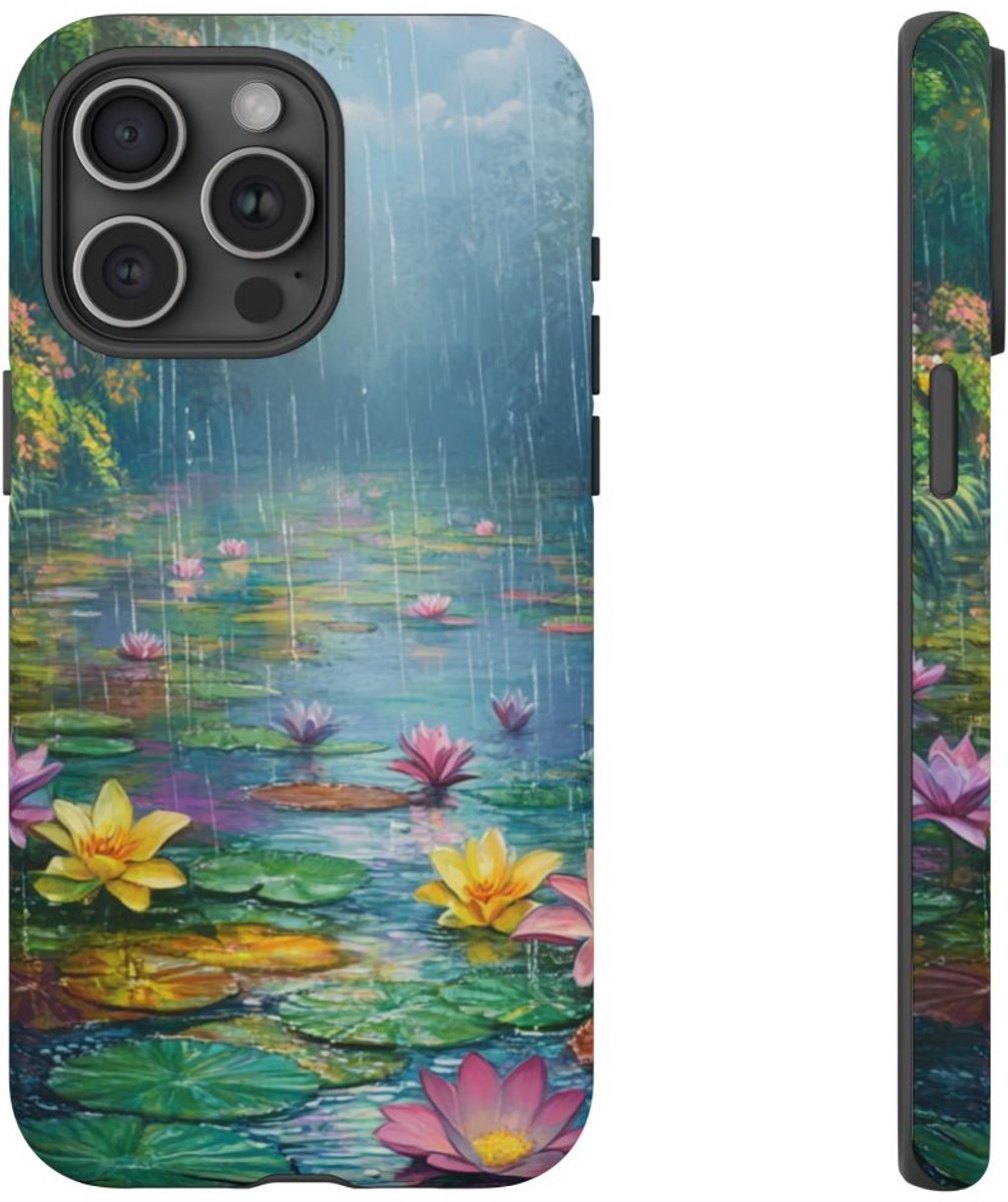 Kleurrijke Lotus Bloemen in de Regen – Telefoonhoesje Geschikt voor iPhone 15 Pro Max