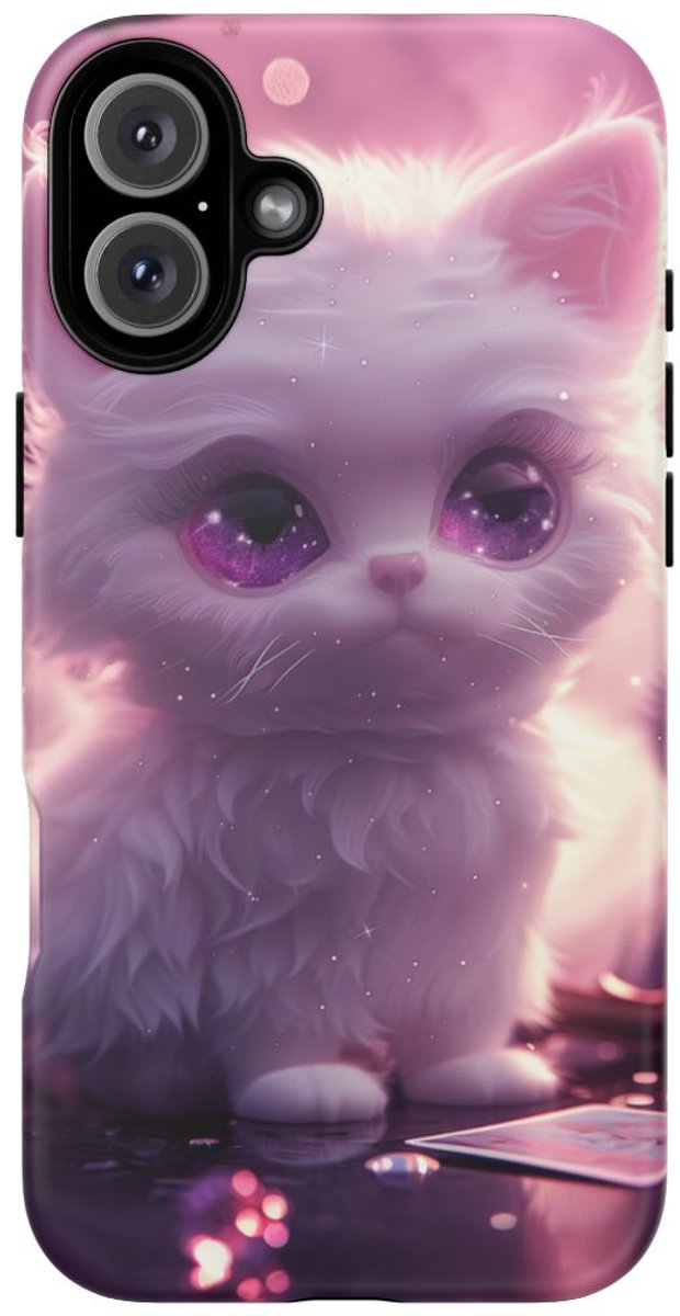 Witte Pluizige Kat met Paarse Ogen – Telefoonhoesje Geschikt voor iPhone 16 Plus