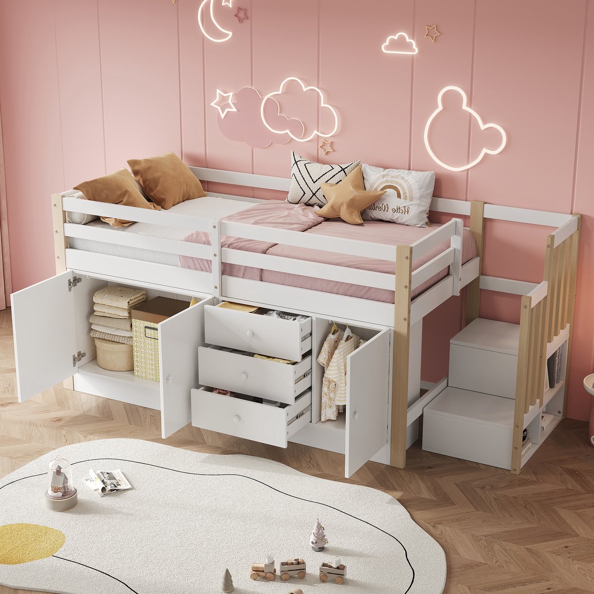 Hoogslaper - kinderbed - eenpersoonsbed - met trap - met lades - met 2 kluisjes en kledingstangen - zonder matras - wit 90x200 cm