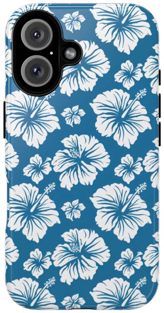Wit Hawaïaans Bloemenpatroon op Blauw – Telefoonhoesje Geschikt voor iPhone 16