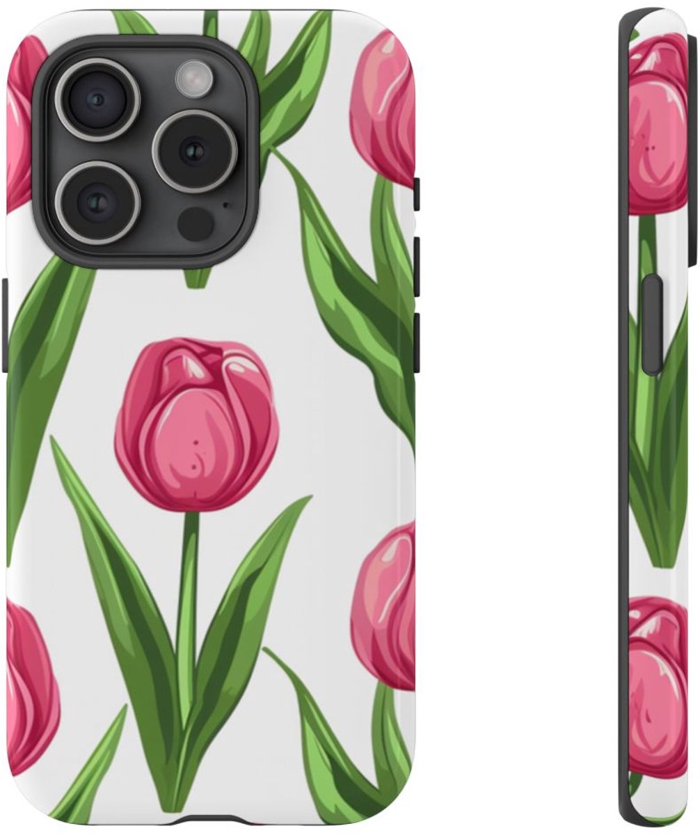 Roze Tulp Bloemenpatroon – Telefoonhoesje Geschikt voor iPhone 15 Pro
