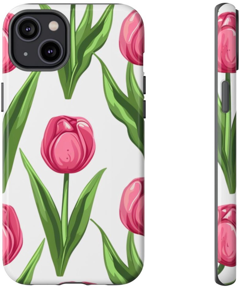 Roze Tulp Bloemenpatroon – Telefoonhoesje Geschikt voor iPhone 14 Plus