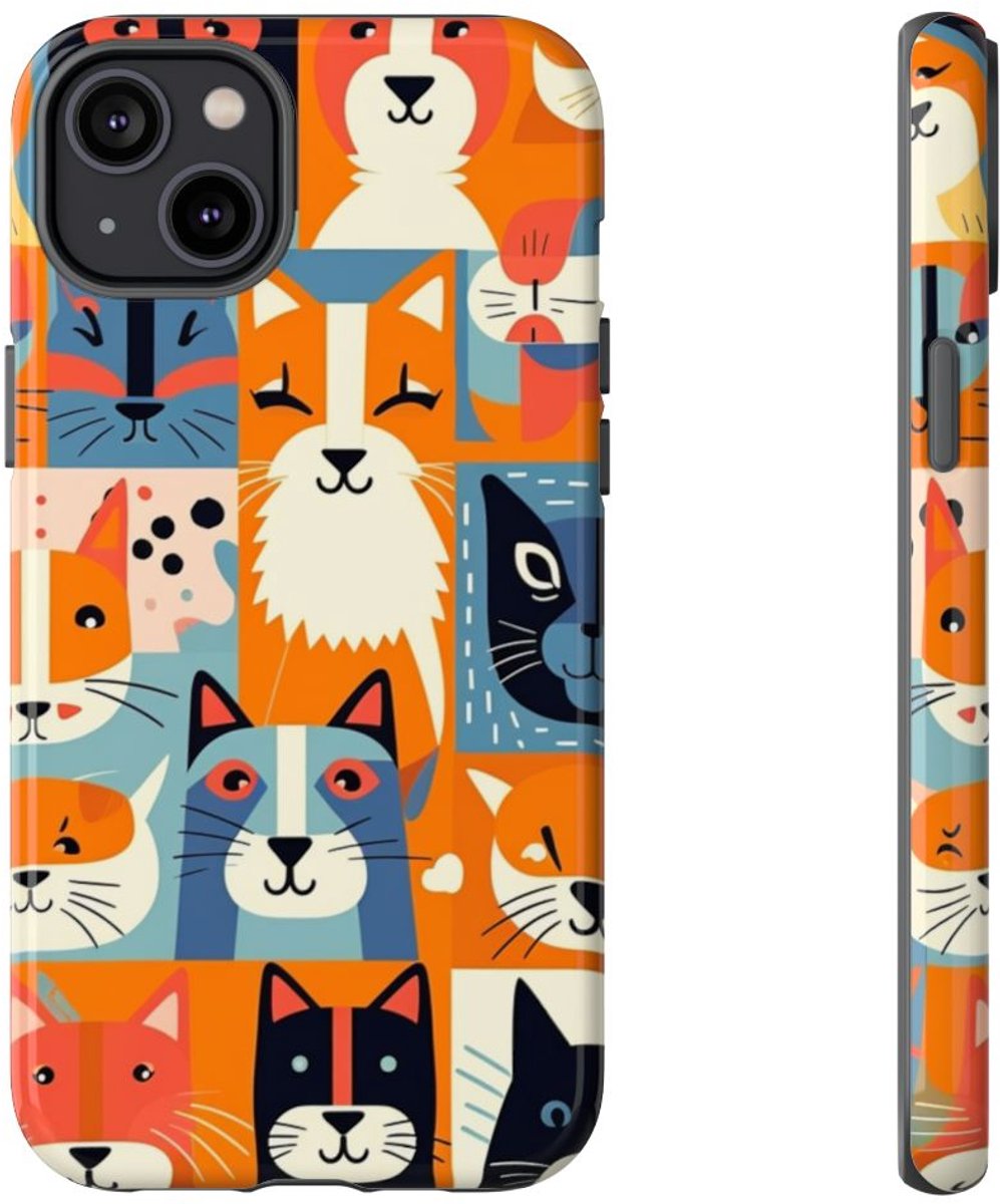 Vrolijke Kattenkopjes in Kleurrijk Patroon – Telefoonhoesje Geschikt voor iPhone 14 Plus