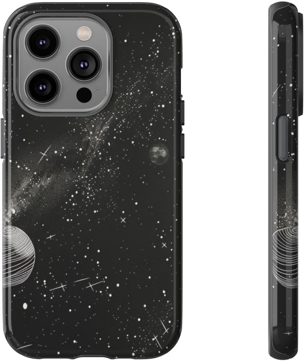 Monochrome Illustratie van het Zonnestelsel – Telefoonhoesje Geschikt voor iPhone 14 Pro