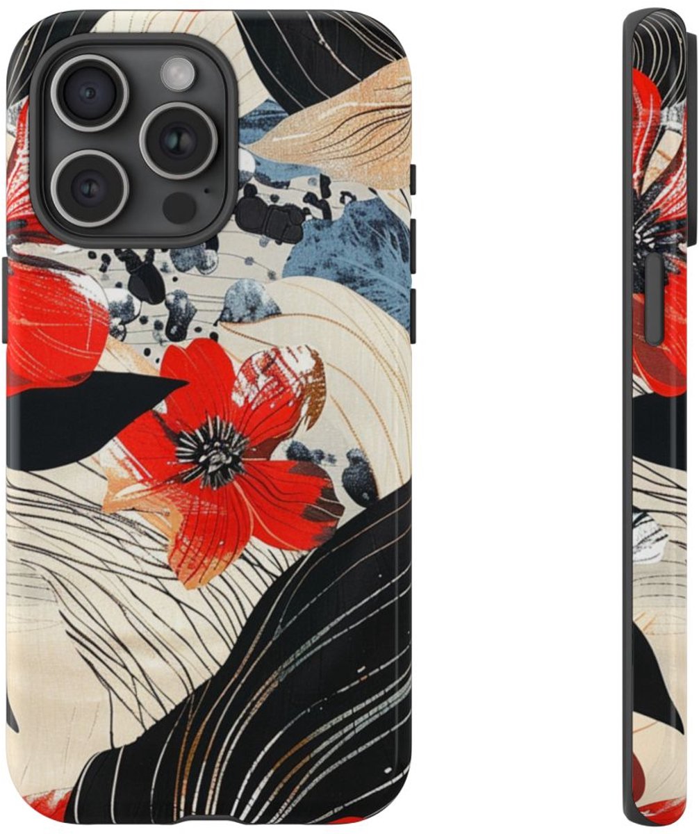 Rood Bloemen Abstract Patroon – Telefoonhoesje Geschikt voor iPhone 15 Pro Max