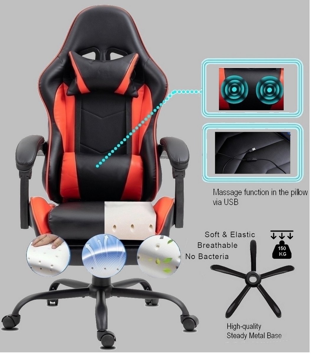 Afbeelding 2 van Delman Gaming- en bureaustoel met massagefunctie,2 trillingspunten, 360° draaibaar, met USB-poort, hoofdsteun en voetensteun, kantelbare rugleuning, draagvermogen 150kg