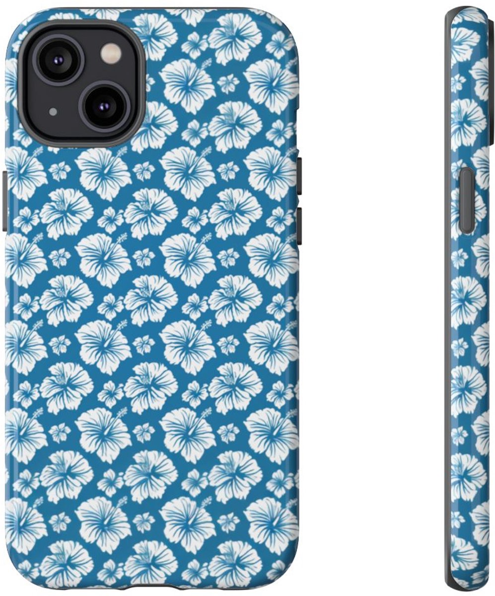 Wit Hawaïaans Bloemenpatroon op Blauw – Telefoonhoesje Geschikt voor iPhone 14 Plus