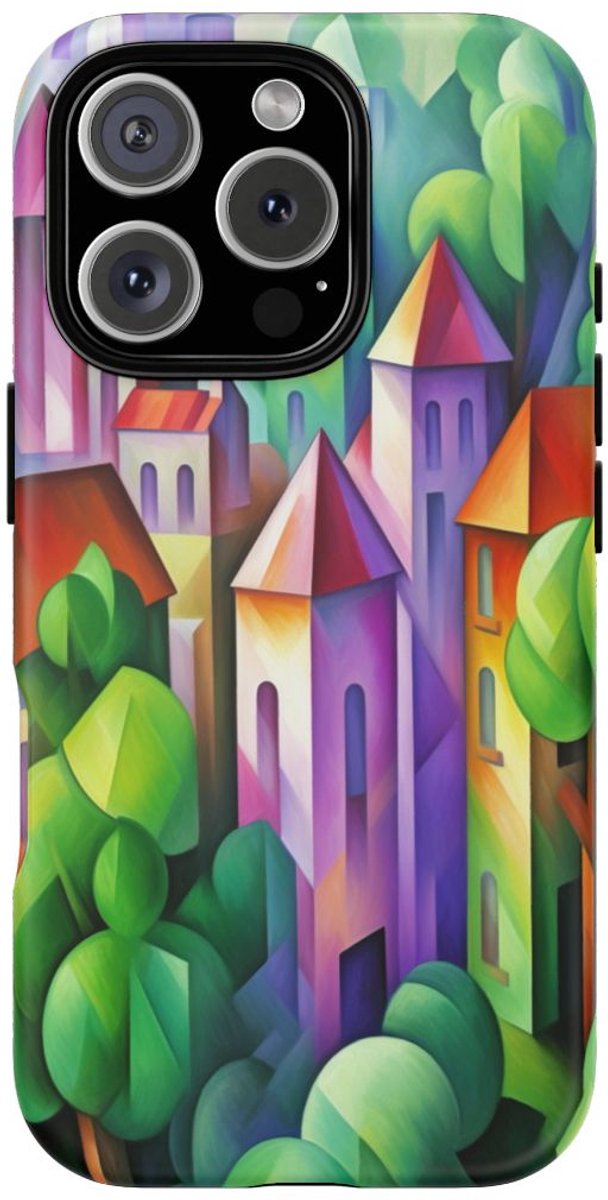 Kleurrijke Abstracte Stadsgezicht – Telefoonhoesje Geschikt voor iPhone 16 Pro