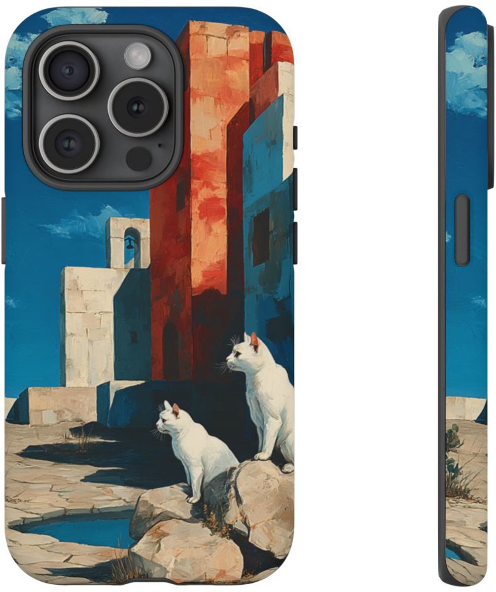 Witte Katten op Rotsen in Woestijnlandschap – Telefoonhoesje Geschikt voor iPhone 15 Pro