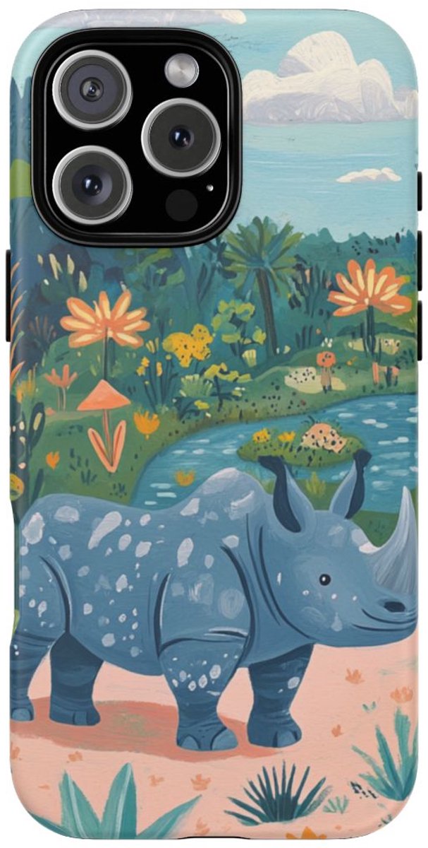 Gouache Stijl Neushoorn Illustratie – Telefoonhoesje Geschikt voor iPhone 16 Pro Max