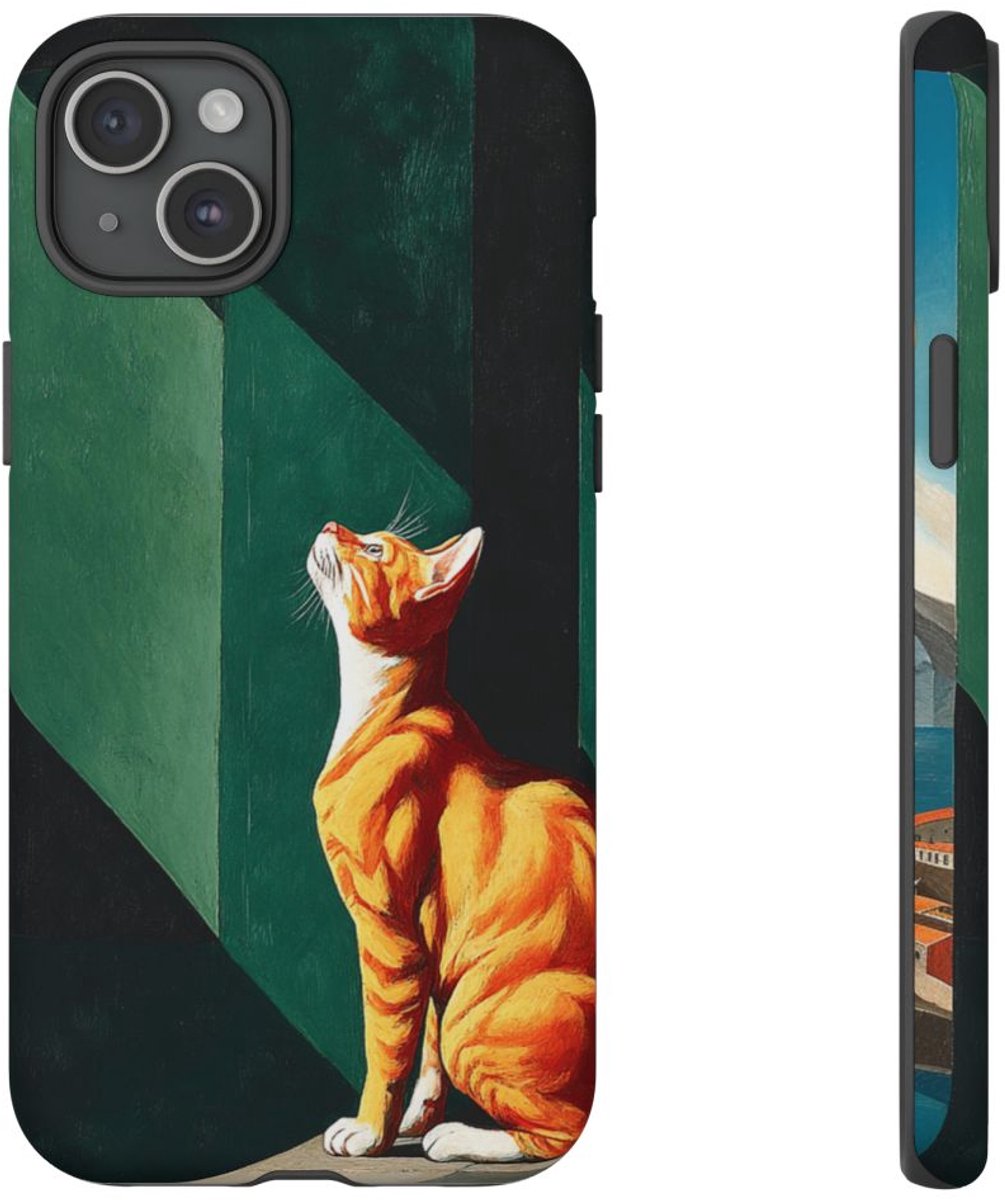 Oranje Kat in Geometrische Schaduwen – Telefoonhoesje Geschikt voor iPhone 15 Plus