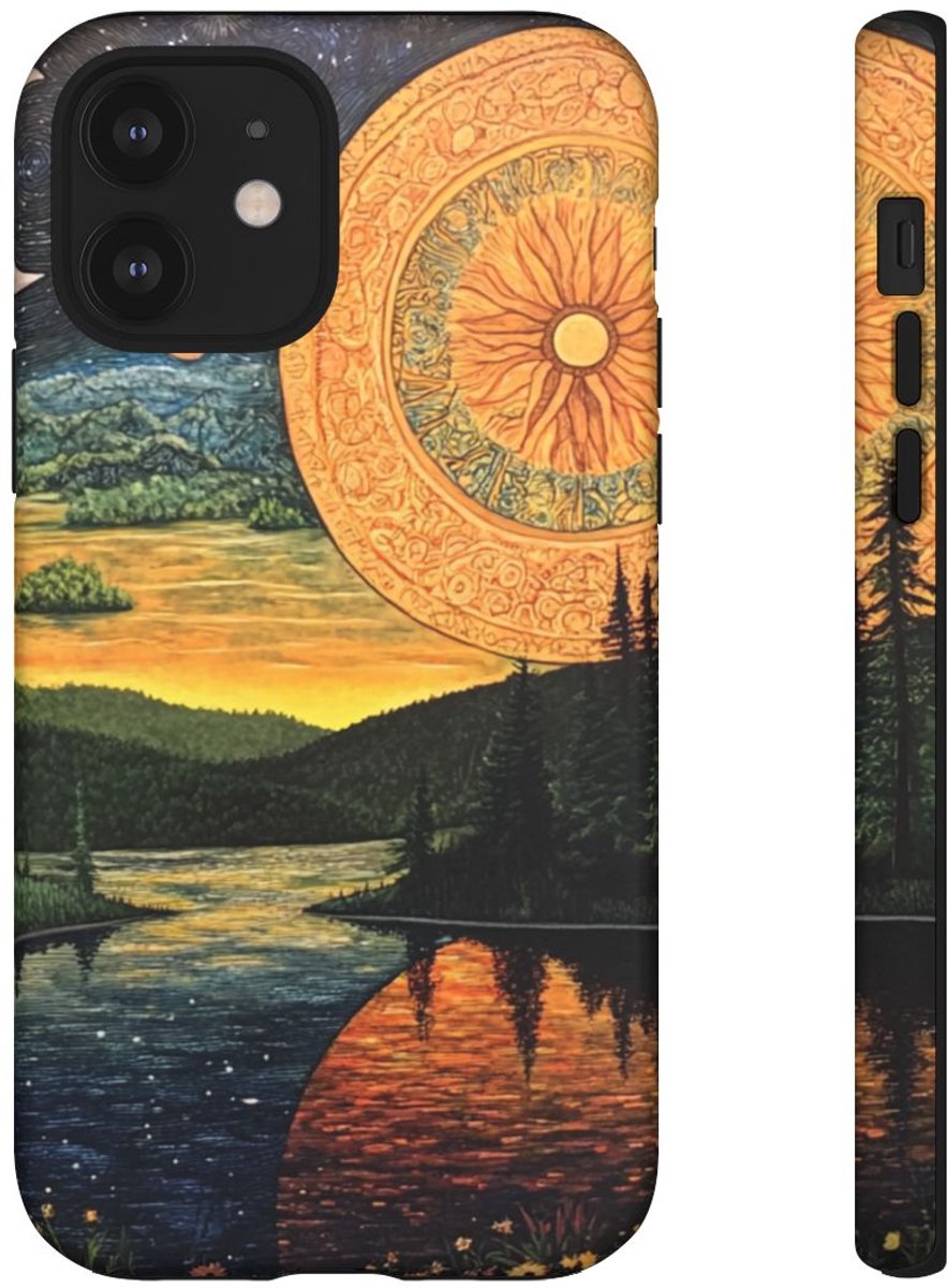 Zon en Maan Landschap met Bloemenrivier – Telefoonhoesje Geschikt voor iPhone 12