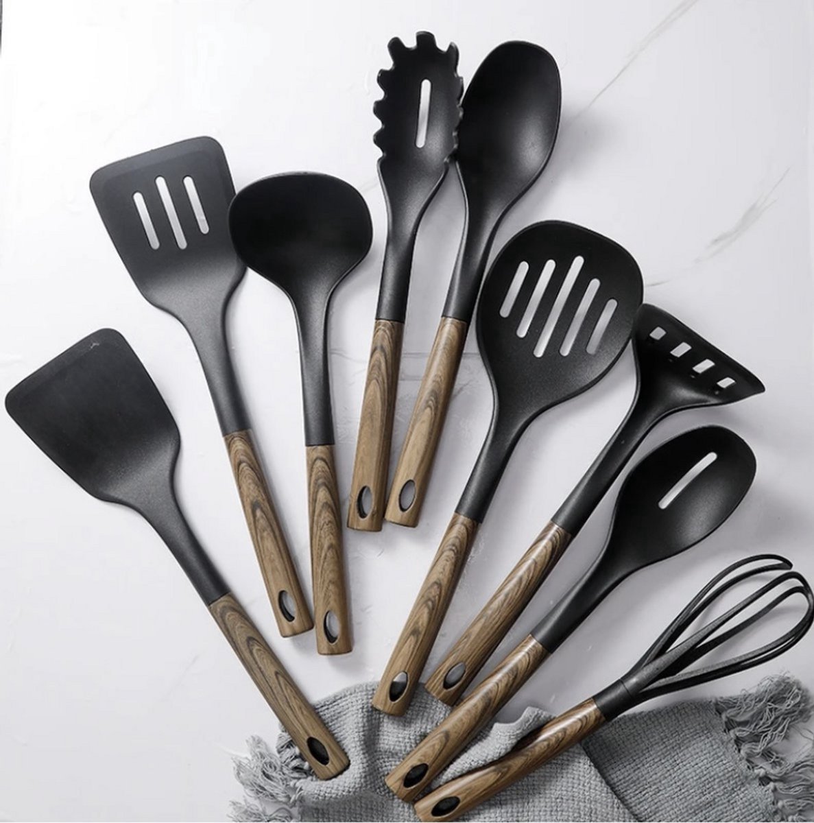 Keukengerei Set Incl. Houder - 10 Delig - Bamboehout - Keukenset - Spatelpot - Kookgerei Set