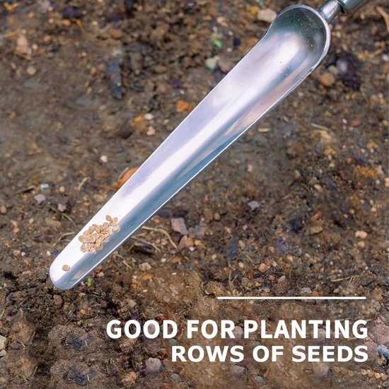 Zaaischep, roestvrijstalen tuinschep, gegradueerde, lange en smalle handschep, gebruikt voor planten, wieden, graven en bemesten. van Merkloos	 — afbeelding 3
