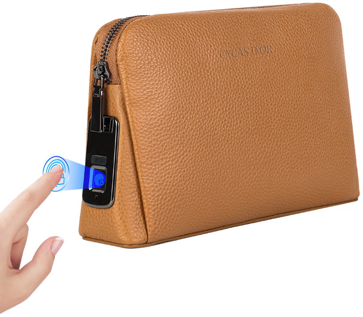 Solan Unisex Leren Handtas, Clutch & Toilettas met Vingerafdrukslot – Anti-Diefstal – Goudbruin – Fingerprint Technologie
