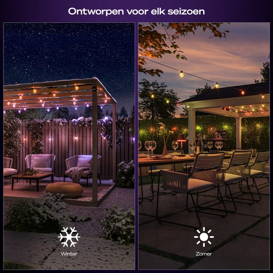 Buitenverlichting in de winter met sneeuw en zomer met zonnig terras, beide met sfeervolle lampen.