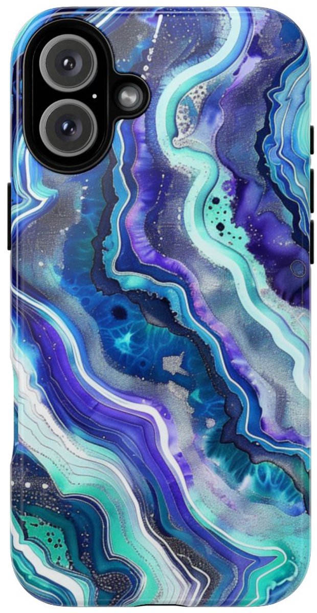 Blauw en Turquoise Geode Wervelpatroon – Telefoonhoesje Geschikt voor iPhone 16 Plus