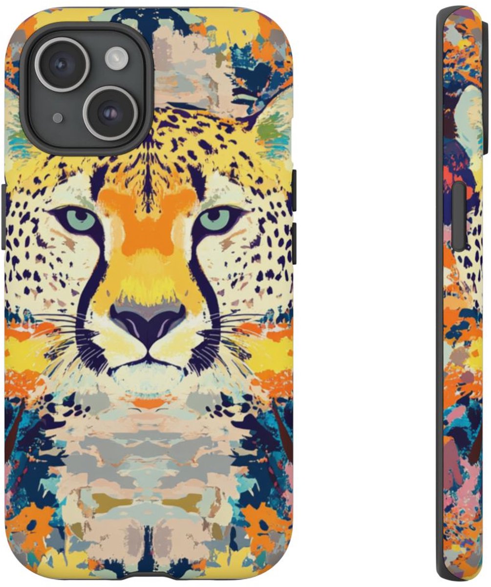 Abstracte Cheetakop met Kleurrijk Patroon – Telefoonhoesje Geschikt voor iPhone 15