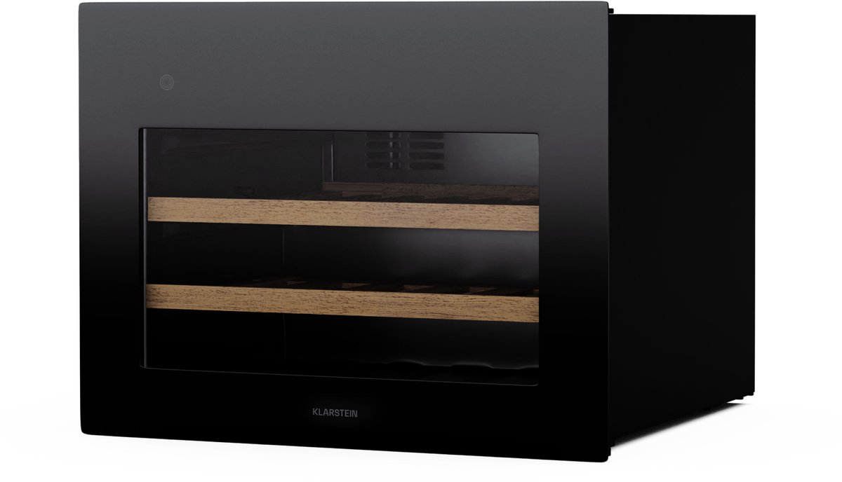 Klarstein Wijnkoeler Rhone 28 Uno - 28 flessen, 1 zone, 5-20 °C, LED-bediening, push-to-open deur, UV-bescherming, stille werking, zwart - Wijnkoelkast - 62L 40 dB - voor Wijnliefhebber voor Bar - Glazen Deur Houten Schappen