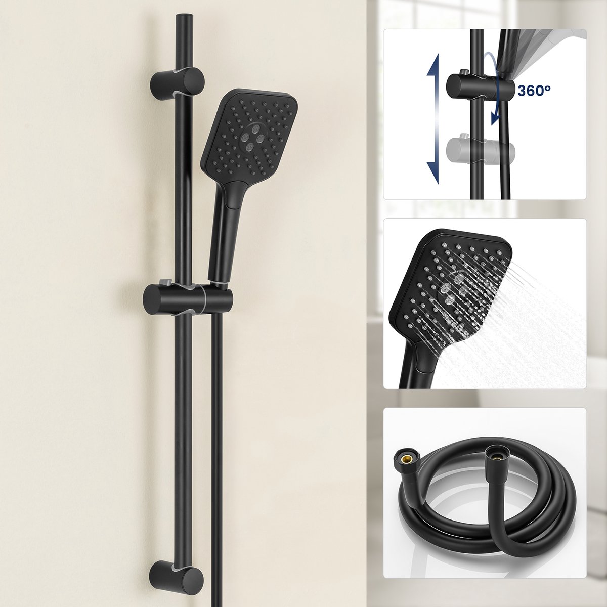 Sofetiy MAX Doucheset met Handdouche - 70 cm Glijstang - 3 standen - Doucheslang 150 cm - Anti-Kalk Douchekop - Zwart