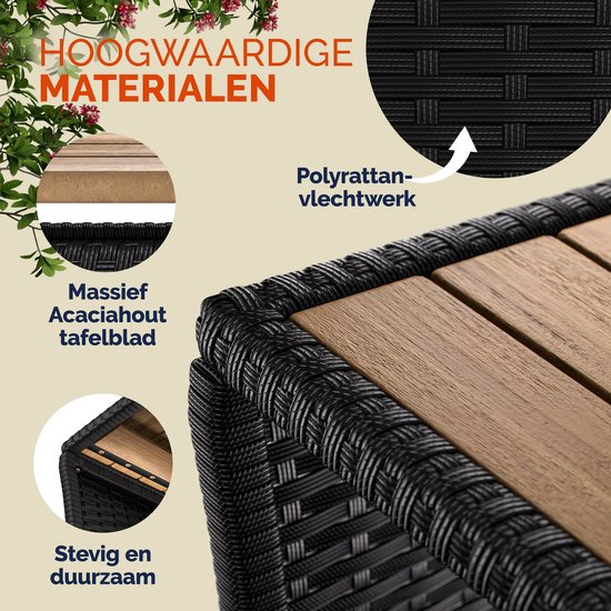 Close-up van een zwarte bijzettafel met houten tafelblad, met details van polyratan.